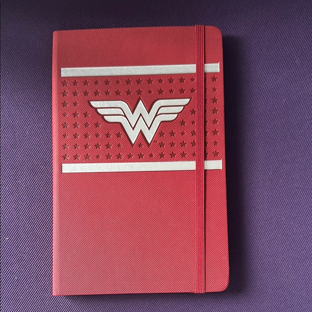 Red Wonder Woman Notebook with Silver Accents, Faux Leather Lined Notebook
